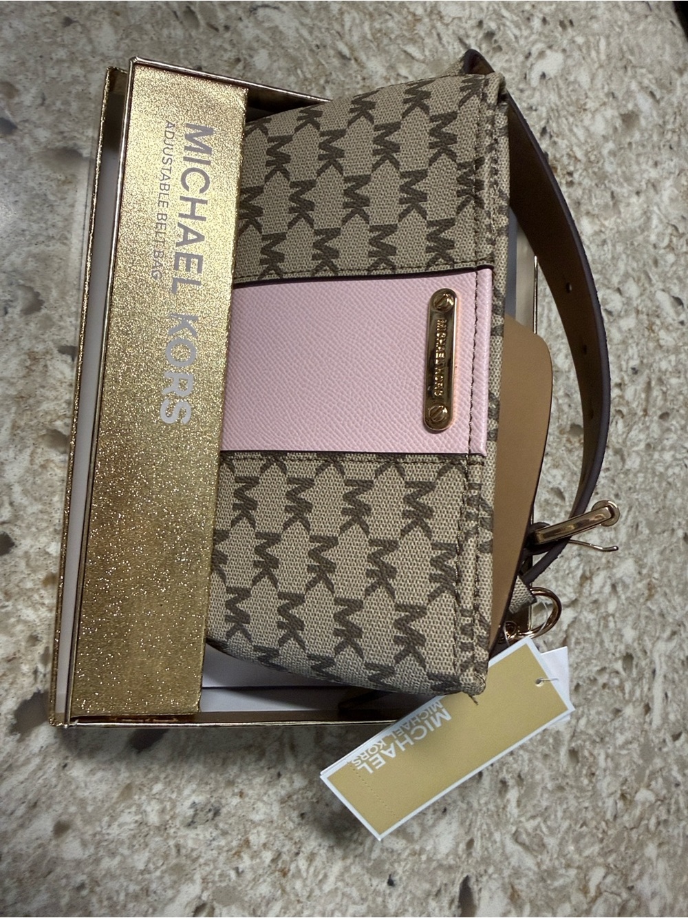 MICHAEL Michael Kors Beige Logo Crossbody with Pink Panel and Gold Hardware